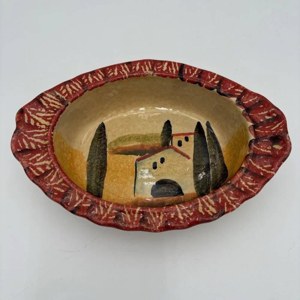 ITALICA ARS Hand Painted Pottery 8-1/2 x 6 Oval Oven Bowl, Italy